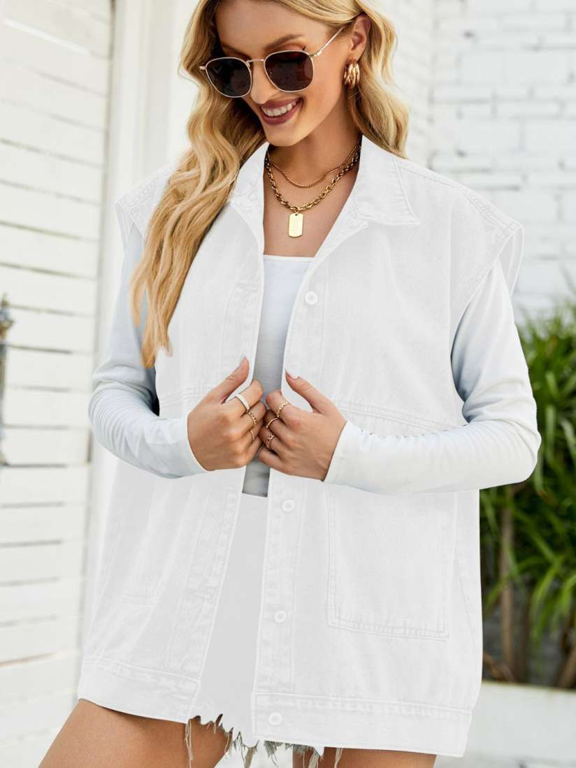 Buy 4WRD by Dressberry Women White Spread Collar Sleeveless Denim Jacket Jackets for Women 29813928 Myntra