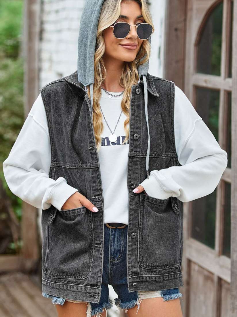 Buy 4WRD by Dressberry Women Black Washed Spread Collar Sleeveless Straight Denim Vest Jacket Jackets for Women 29813946 Myntra