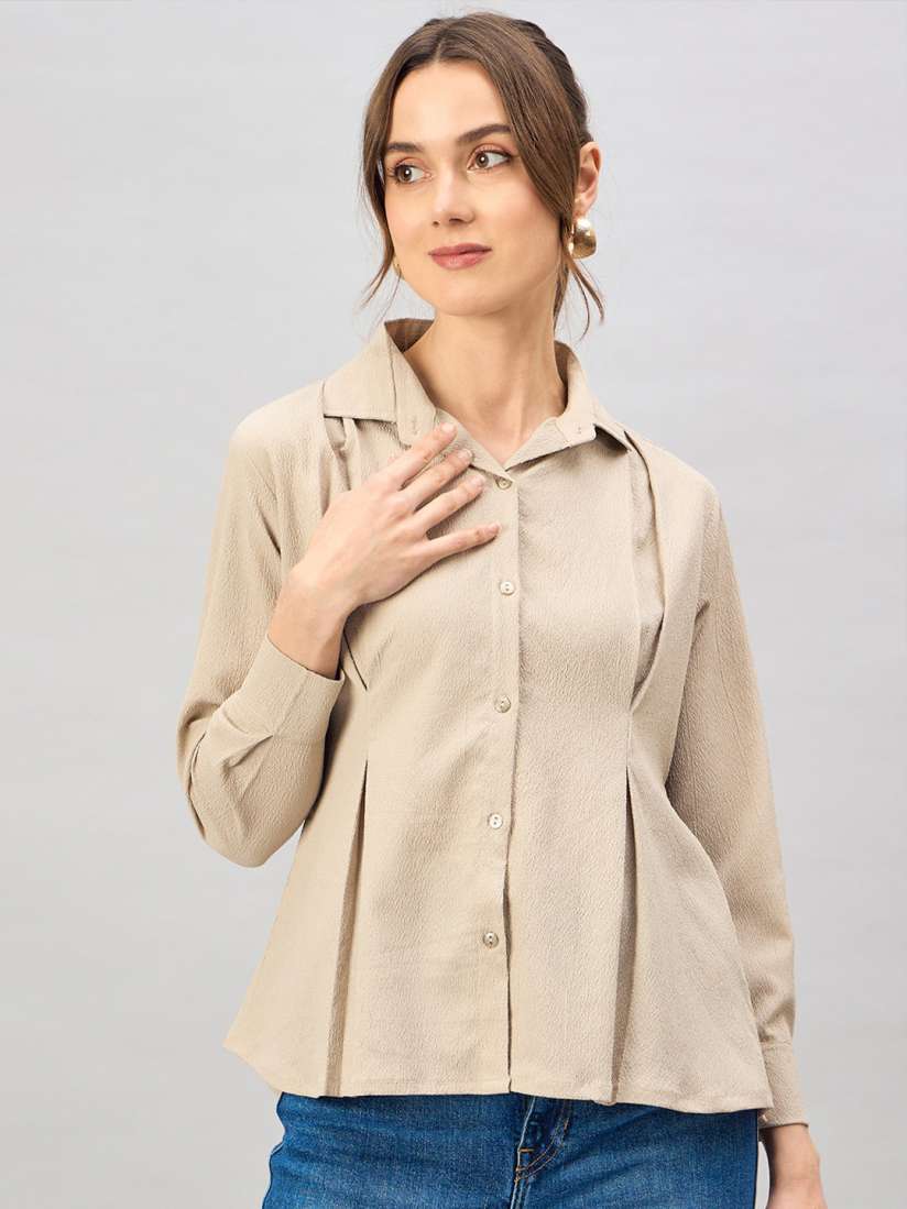 Buy The Roadster Lifestyle Co. Beige Spread Collar Long Sleeves Shirt Style Top Tops for Women 29823970 Myntra