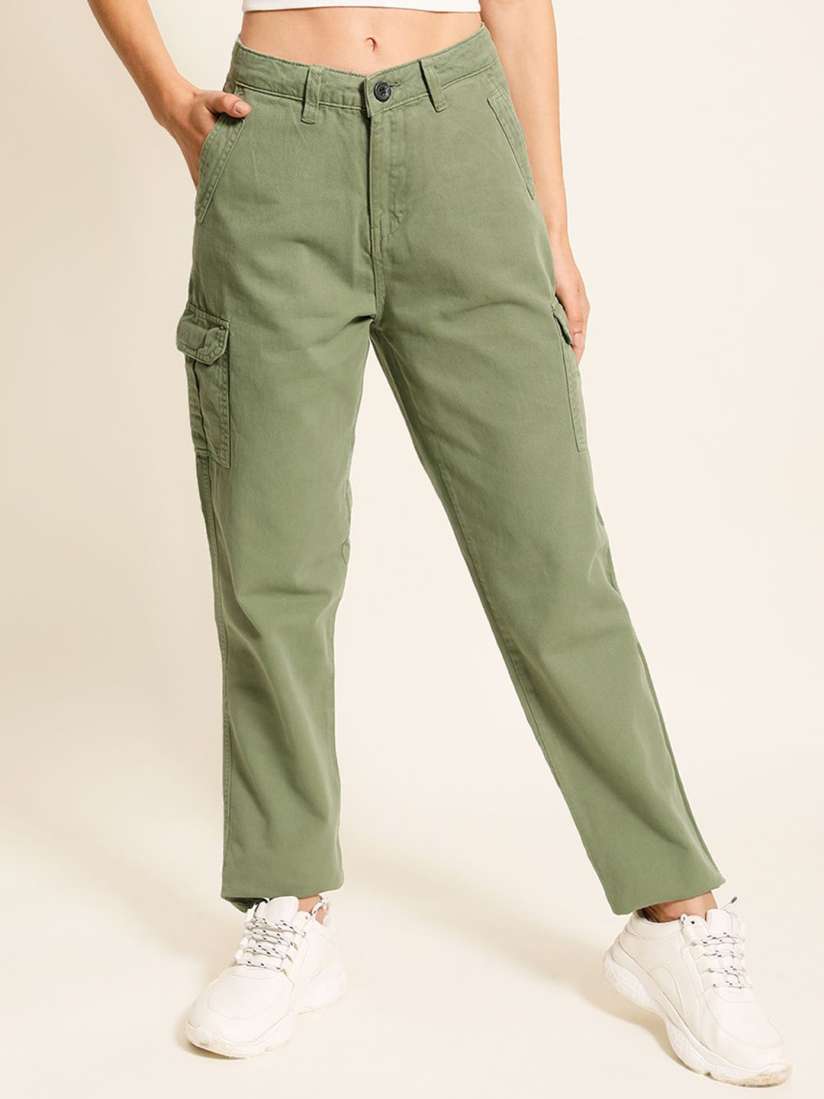 Buy The Roadster Lifestyle Co. Women Green Pure Cotton Mid Rise Slim Fit Cargo Trouser Trousers for Women 29838578 Myntra