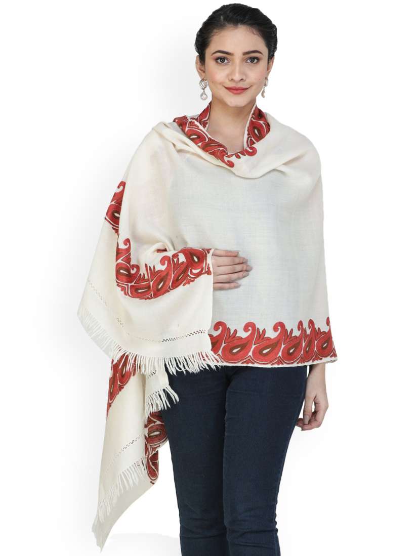 Buy Exotic India Red Ivory Woolen Kashmiri Shawl with Aari Hand Embroidered Paisley Border Shawl for Women 29852817 Myntra