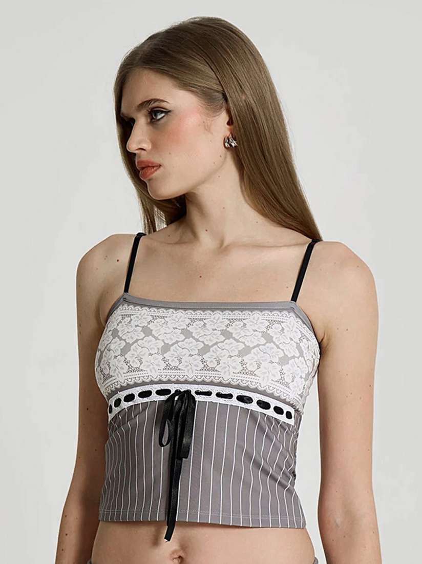 Buy LULU SKY Striped Lace Tie Up Detail Casual Fitted Crop Cami Tops Tops for Women 29853653 Myntra