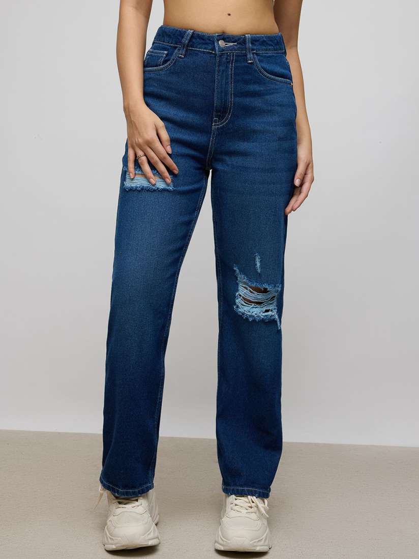 Buy FREAKINS Women Blue Straight Fit High Rise Mildly Distressed Heavy Fade Pure Cotton Jeans Jeans for Women 29867304 Myntra