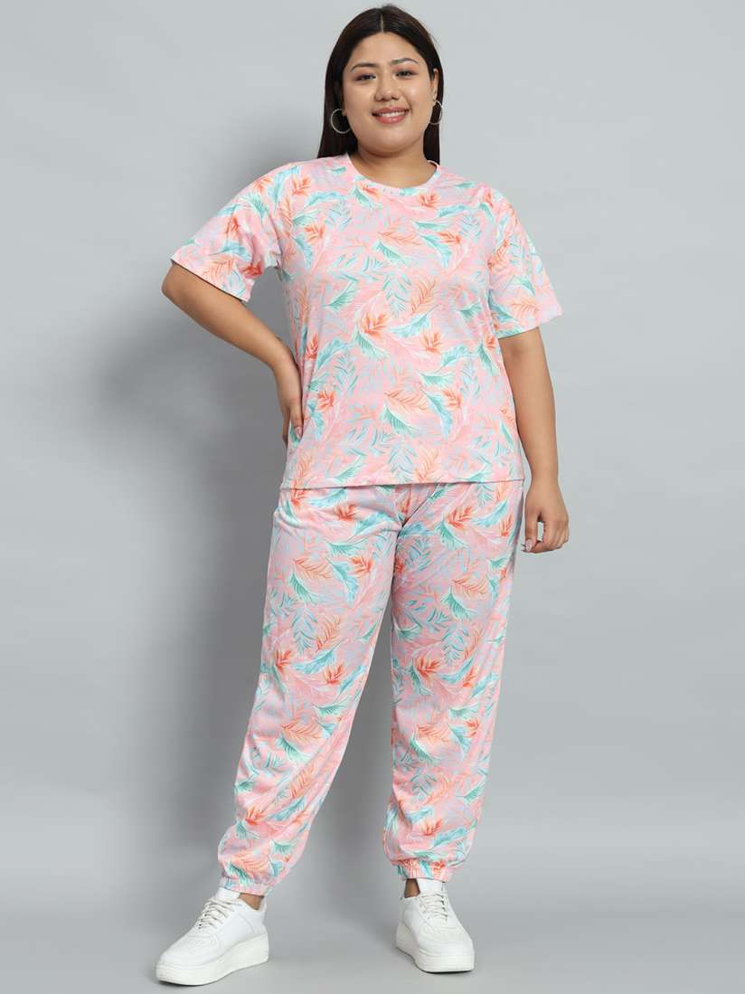 Buy AUSTIVO Plus Size Floral Printed Round Neck Short Sleeves T shirt With Joggers Co Ords for Women 29871510 Myntra