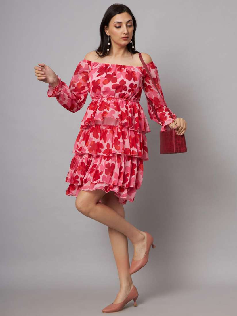 Buy SHRIMAY Off Shoulder Puff Sleeve Layred Fit Flare Floral Dress Dresses for Women 29887239 Myntra