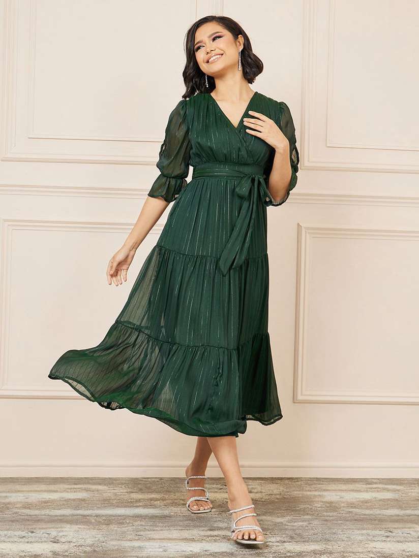 Buy Styli Lurex Striped Chiffon Tiered Midi Tie Up Dress - Dresses  