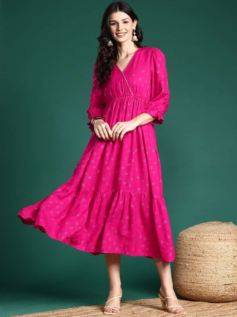 Buy Sangria Foil Printed Wrap Tiered Midi Ethnic Dress Ethnic Dresses for Women 29911940 Myntra