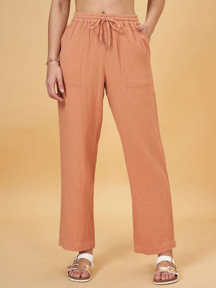 Buy Honey by Pantaloons Women Textured Self Design Mid Rise Pure Cotton Parallel Trousers Trousers for Women 29929976 Myntra