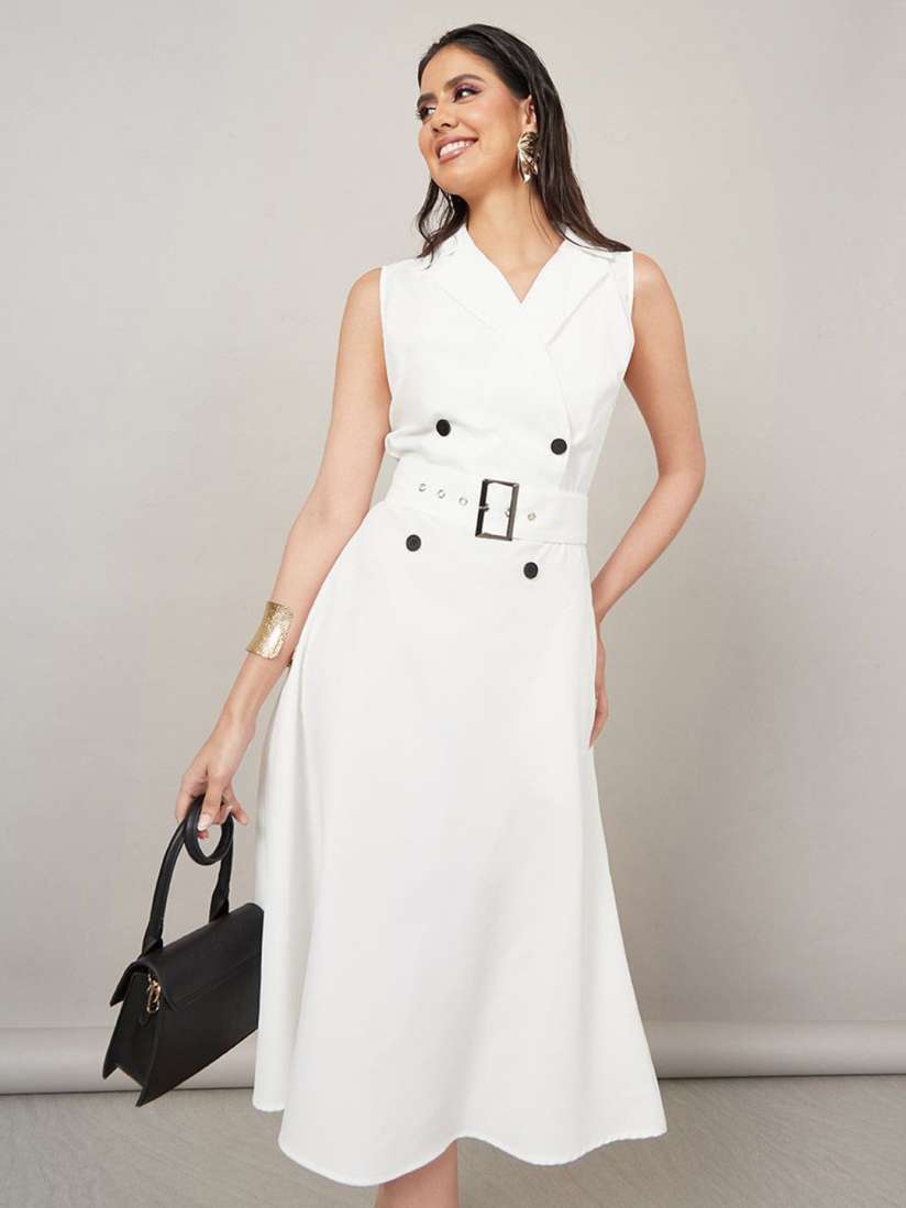 Buy Styli White Notch Lapel Neck Sleeveless Blazer Midi Dress Dresses for Women 29930785 Myntra