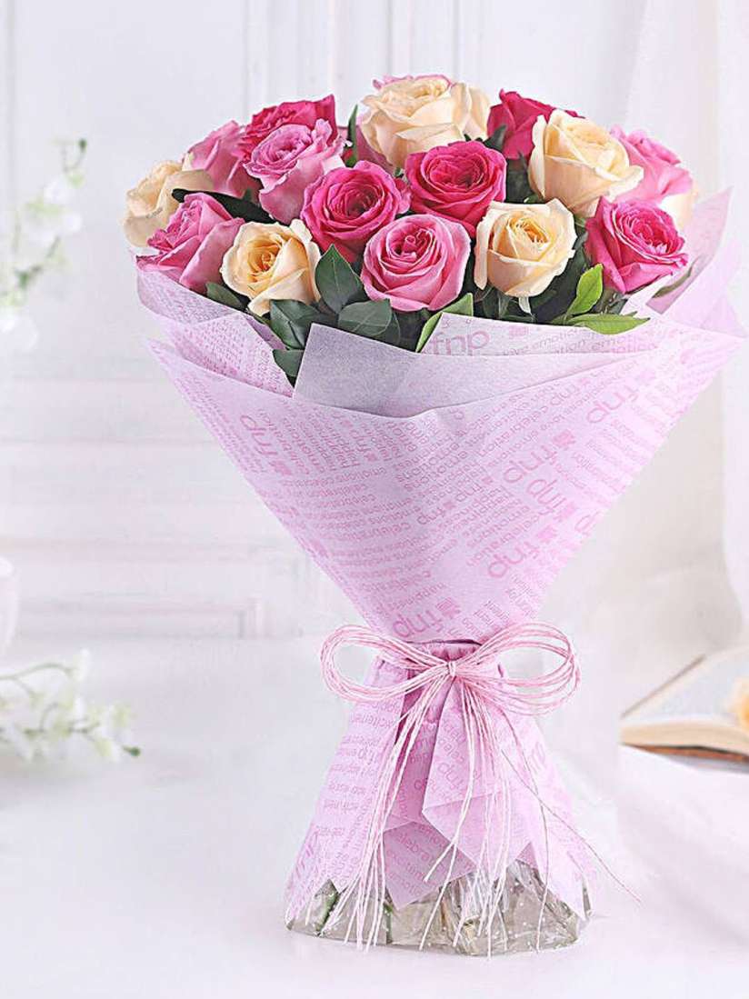 Buy fnp Pink Yellow 27 Pieces Rose Fresh Flowers Bouquet Fresh Flowers for Unisex 29940639 Myntra
