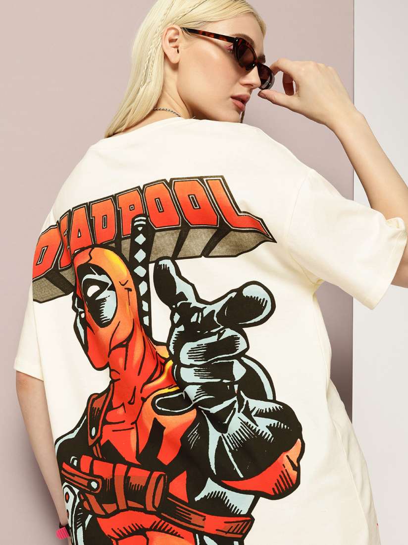 Buy Kook N Keech Marvel Deadpool Printed Drop Shoulder Sleeves Oversized T shirt Tshirts for Women 29941998 Myntra