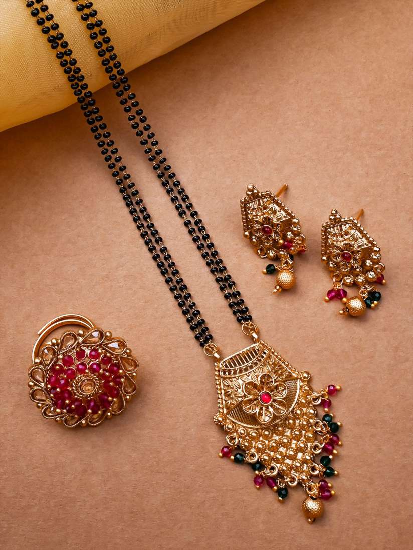 Buy StileAdda Gold Plated Artificial Stones and Beads Mangalsutra with Earrings Ring Mangalsutra for Women 29946716 Myntra