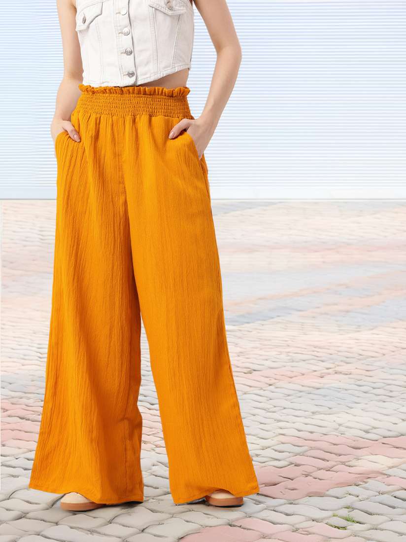 Yellow wide leg trousers on sale