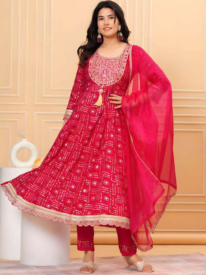 Buy KALINI Bandhani Embroidered Mirror Work Anarkali Kurta With Trouser Dupatta Kurta Sets for Women 29982090 Myntra