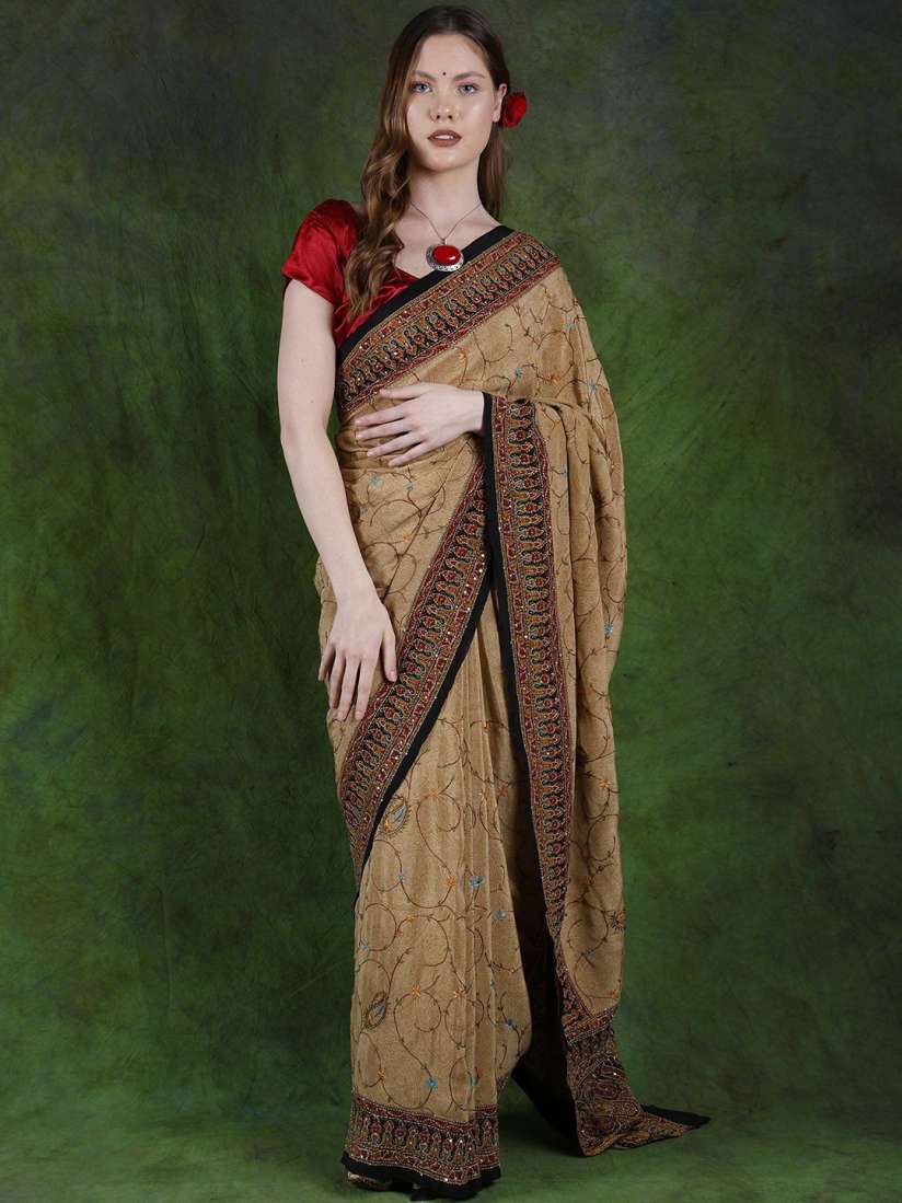 Buy Exotic India Pale Khaki Paisley Printed Crepe Saree with Kantha Embroidery Sequins Sarees for Women 30018386 Myntra