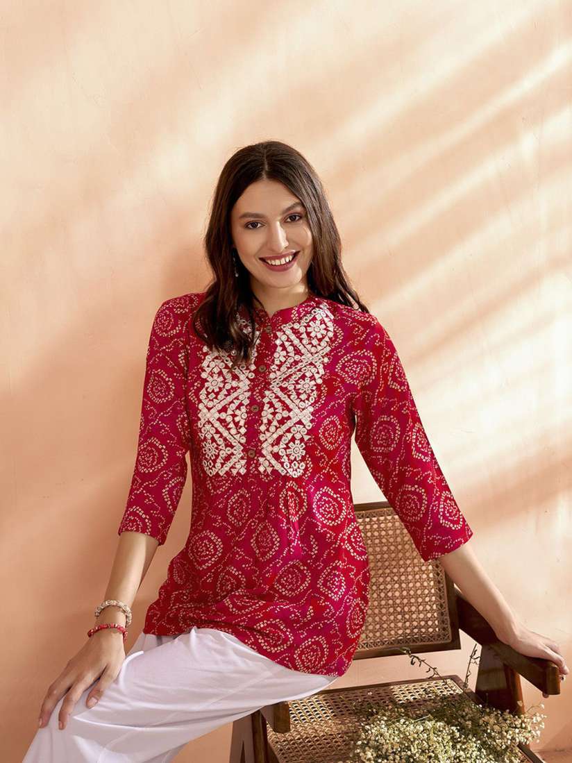 Bandhani kurtis with mirror work top