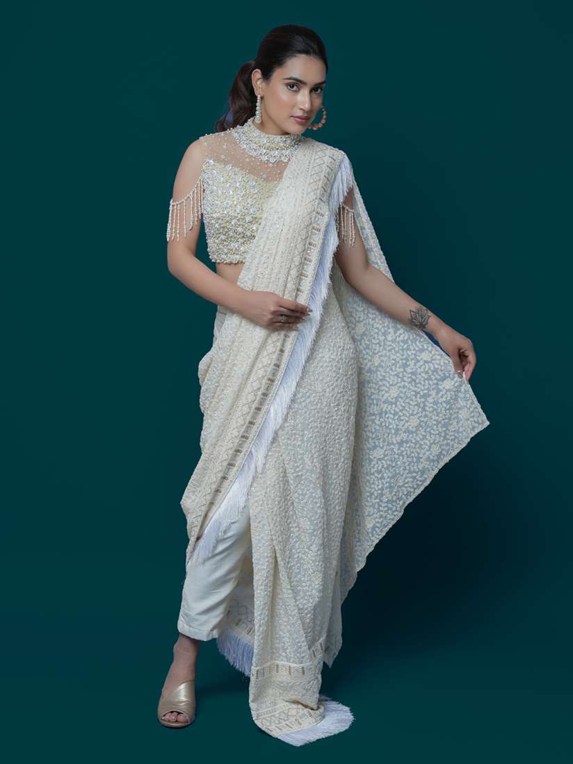 Buy ALIYANA Embroidered Beads and Stones Pure Georgette Pant Saree Sarees for Women 30037487 Myntra