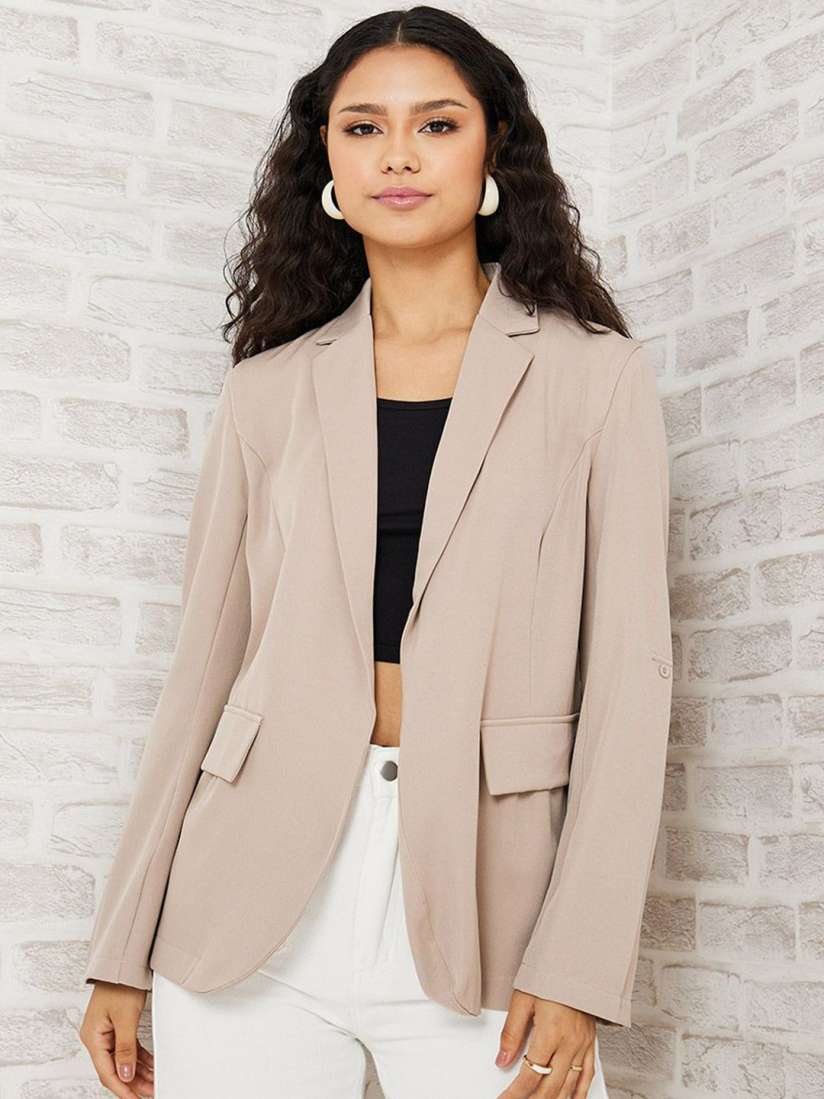 Buy Styli Women Roll Up Sleeves Open Front Regular Fit Longline Blazer Blazers for Women 30055349 Myntra