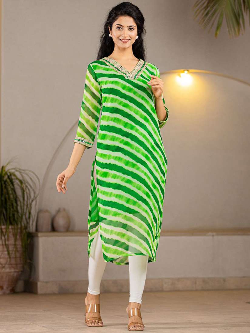Buy Yufta Women Striped Flared Sleeves Mirror Work Georgette Kurta Kurtas for Women 30063385 Myntra