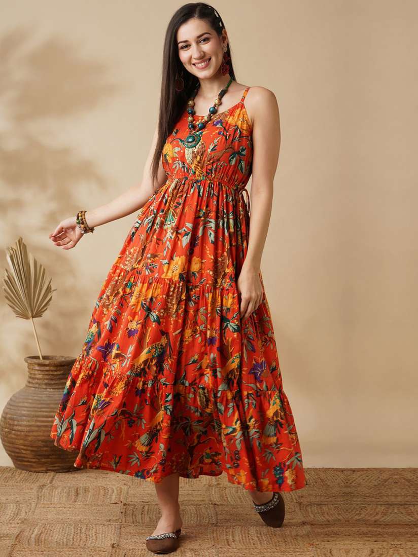 Buy Globus Floral Printed Shoulder Straps Tie Ups Cotton Fit Flare Maxi Ethnic Dress Ethnic Dresses for Women 30083535 Myntra