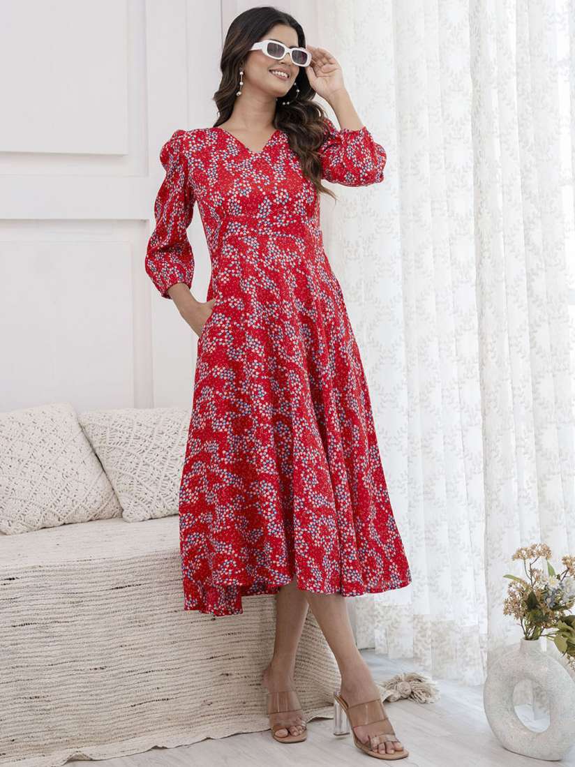 Red floral midi dress with sleeves discount