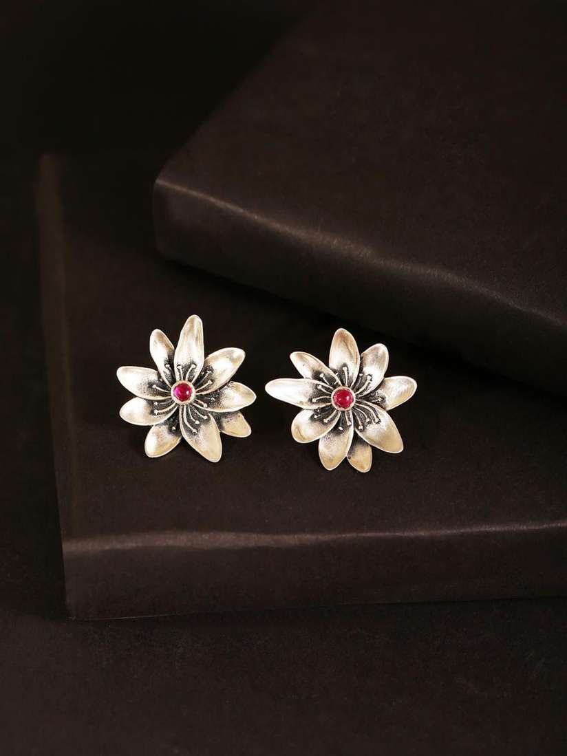 Buy Fabindia Silver-Plated Stone Studded Contemporary Studs