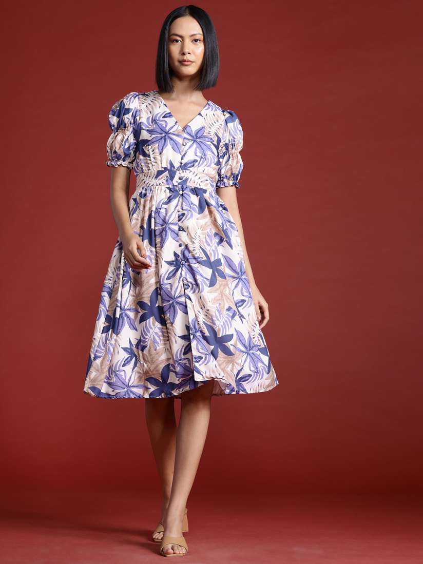 Buy all about you Floral Print Puff Sleeve Fit Flare Dress Dresses for Women 30129363 Myntra