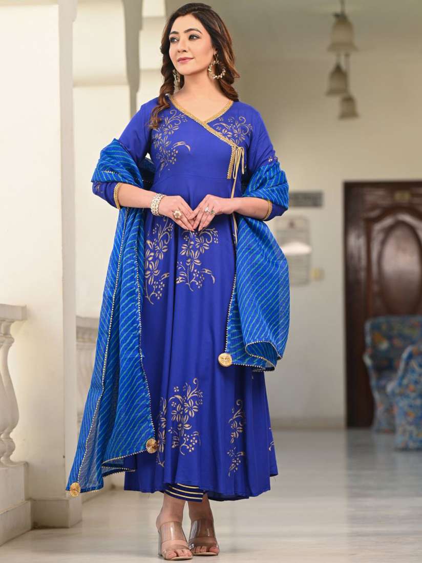Buy Indi INSIDE Floral Block Printed Gota Patti Angrakha Gotta Patti Suit Set Kurta Sets for Women 30132187 Myntra