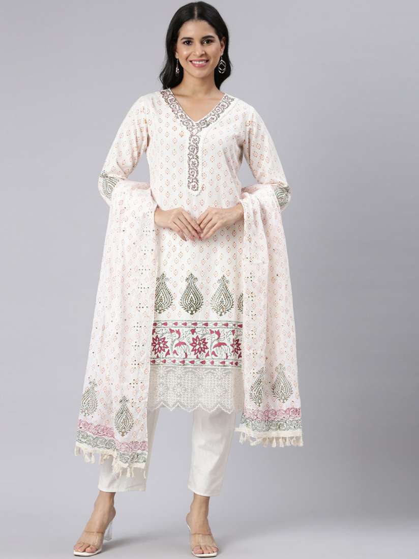 Buy Neerus Floral Printed Jute Cotton Straight Kurta With Trousers Dupatta Kurta Sets for Women 30132947 Myntra