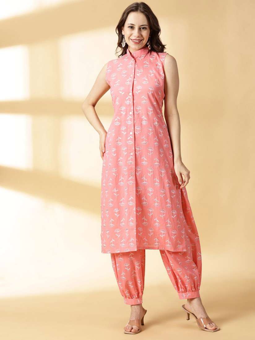 Buy DIVINATION Floral Printed Mandarin Collar Pure Cotton Straight Kurta with Salwar Kurta Sets for Women 30145901 Myntra