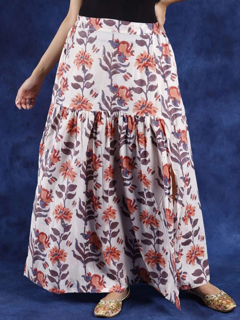 Buy Exotic India White Alyssum Elastic Waist Long Skirt with All Over Block Printed Flowers Skirts for Women 30147263 Myntra