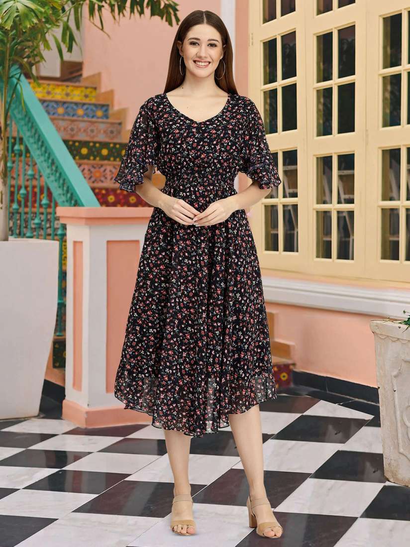 Buy MISS AYSE Women Floral Print Short Sleeves Fit and Flare Midi Dress Dresses for Women 30158886 Myntra