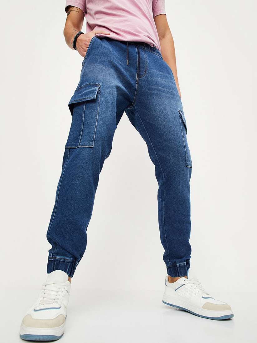 Denim cargo joggers mens hot sale