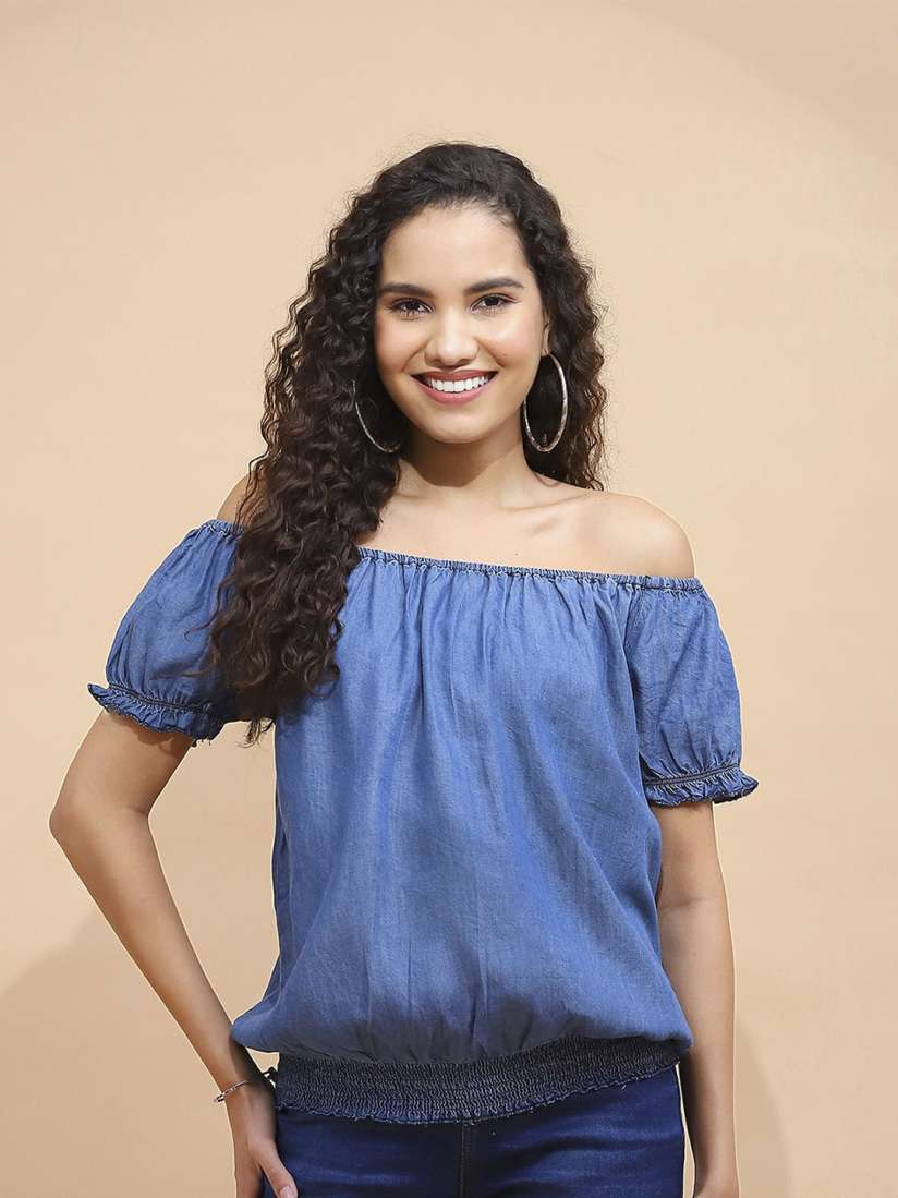 Buy Global Republic Women Off Shoulder Puff Sleeve Cotton Denim Bardot Top Tops for Women 30201936 Myntra