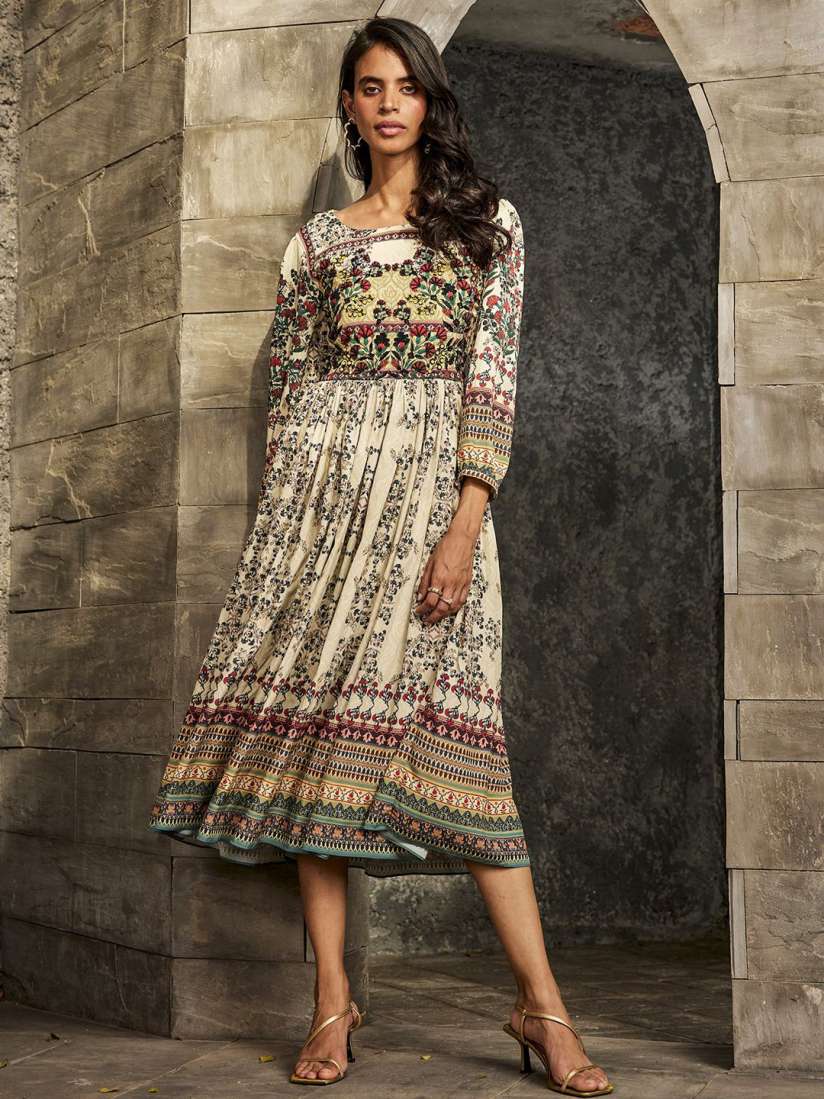 Buy Bhanuni Ethnic Motifs Print Fit Flare Midi Ethnic Dress Ethnic Dresses for Women 30213134 Myntra