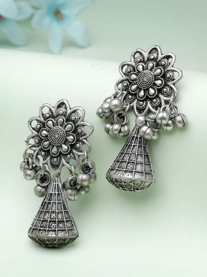 Buy Moedbuille Silver-Plated Floral Oxidised Drop Earrings