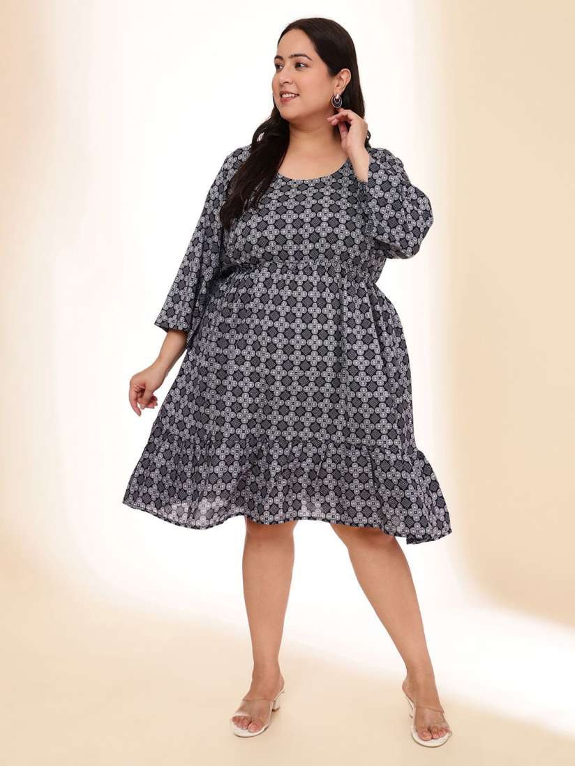 Buy URG Women Plus Size Printed Round Neck Flared Sleeve Knee Length Fit Flare Dress Dresses for Women 30216371 Myntra