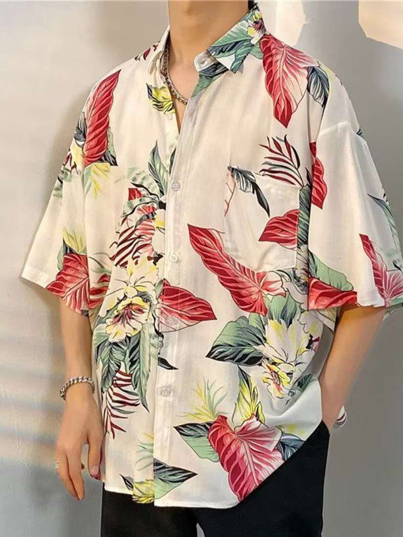 Mens floral printing ethnic style cotton shirts short sleeve loose casual shirt tops shop