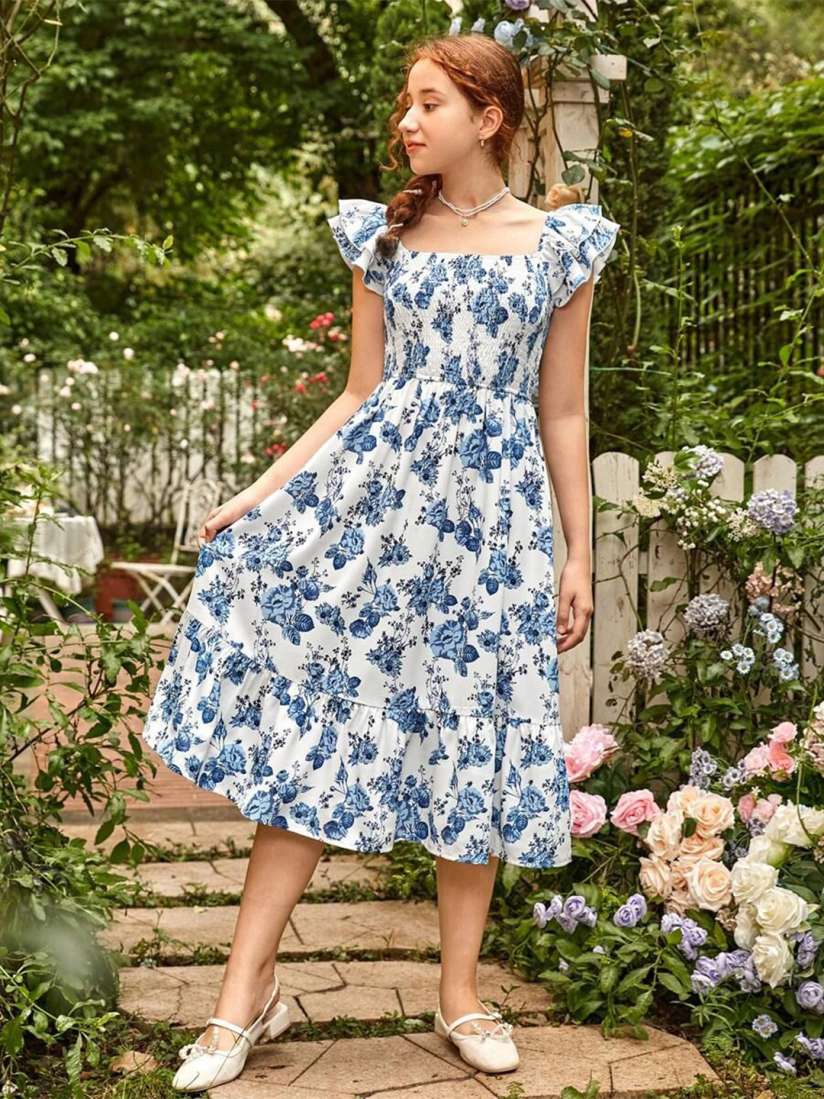 Buy BAESD Women Floral Printed Square Neck Flutter Sleeve Fit and Flared Midi Dress Dresses for Girls 30264255 Myntra