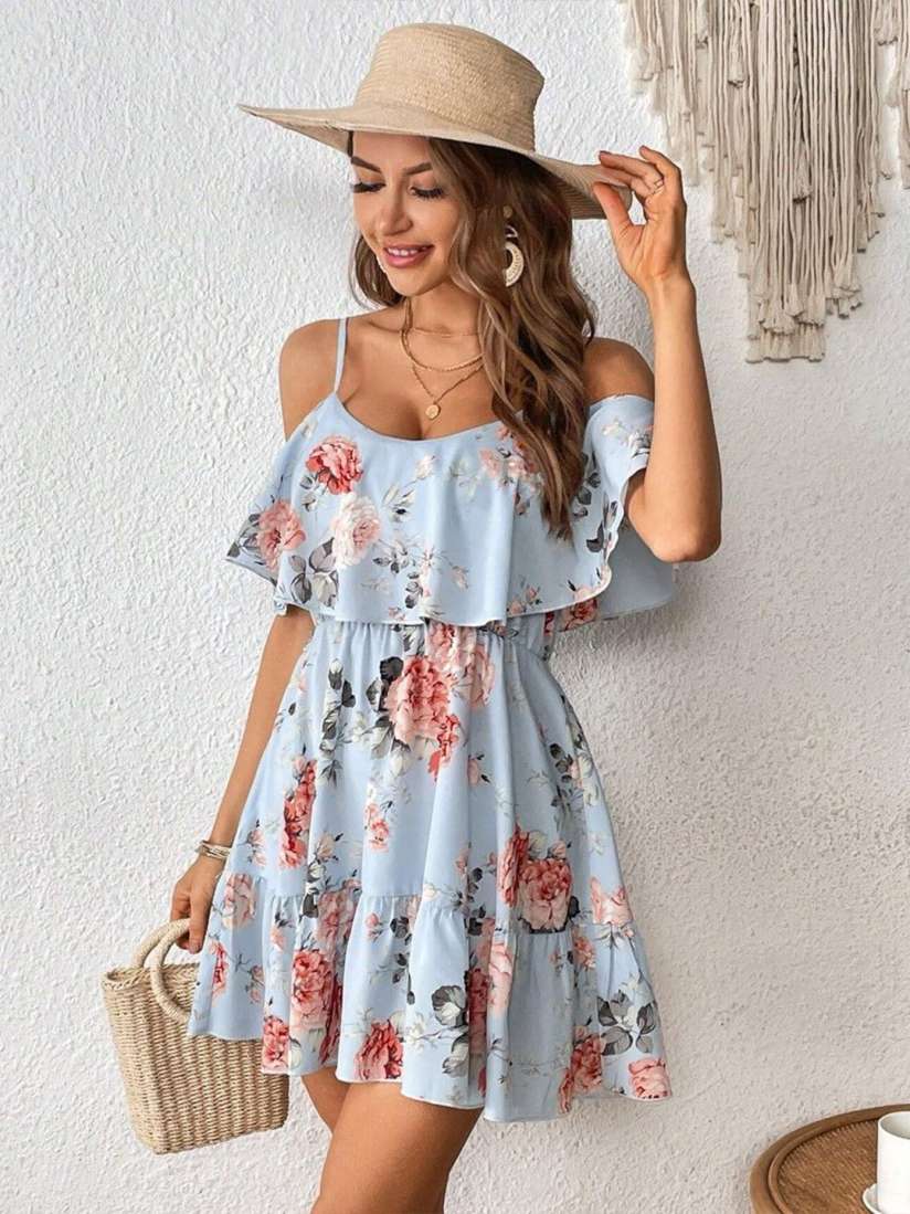 Open shoulder flounce flare dress online