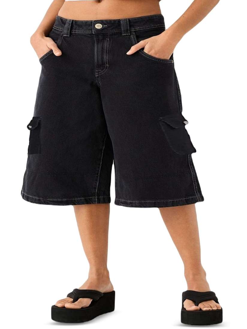 Denim cargo capris deals
