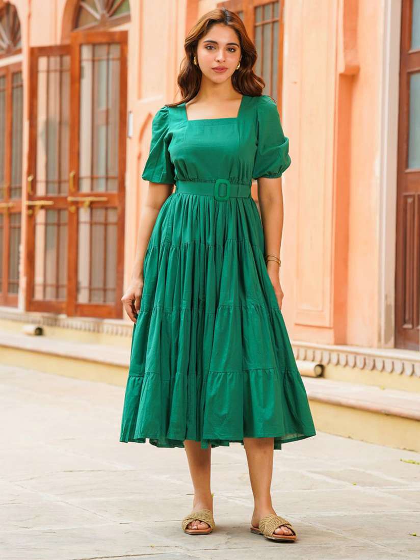Buy Ambraee Women Square Neck Puff Sleeve Fit & Flare Midi Dress 