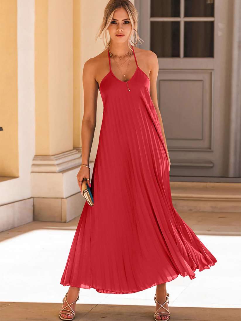 Buy LULU SKY Pleated Halter Neck Backless A Line Maxi Dress Dresses for Women 30299253 Myntra