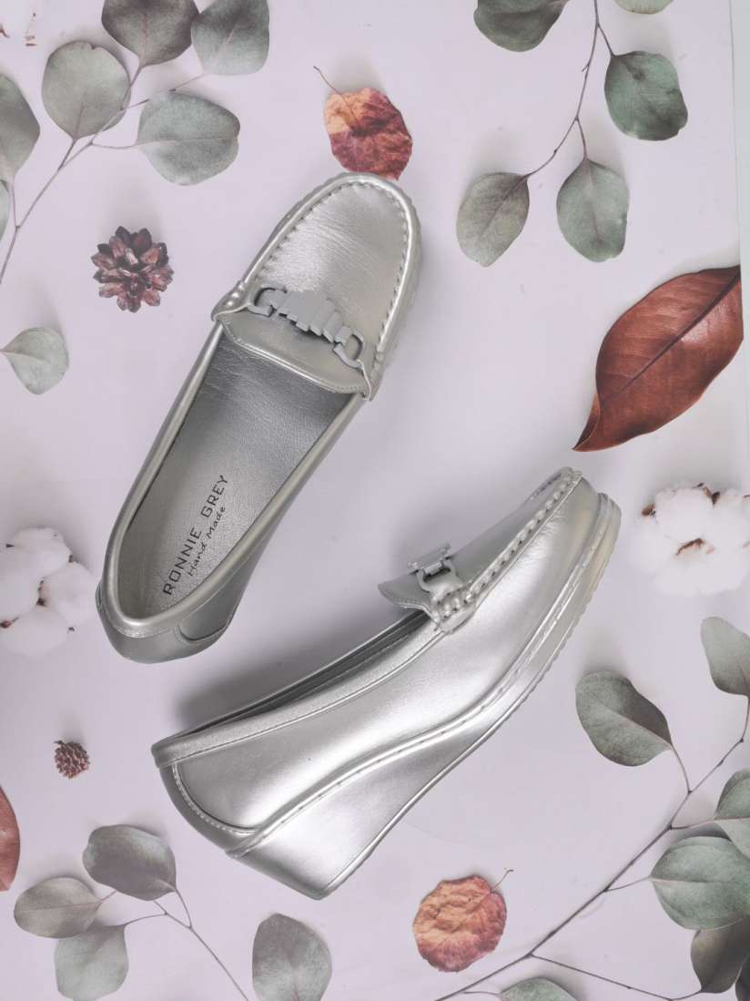 Silver wedge loafers sales