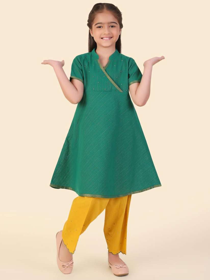 Buy Fabindia Girls Striped Mandarin Collar Angrakha Sequinned A Line Kurta with Salwar Kurta Sets for Girls 30315900 Myntra