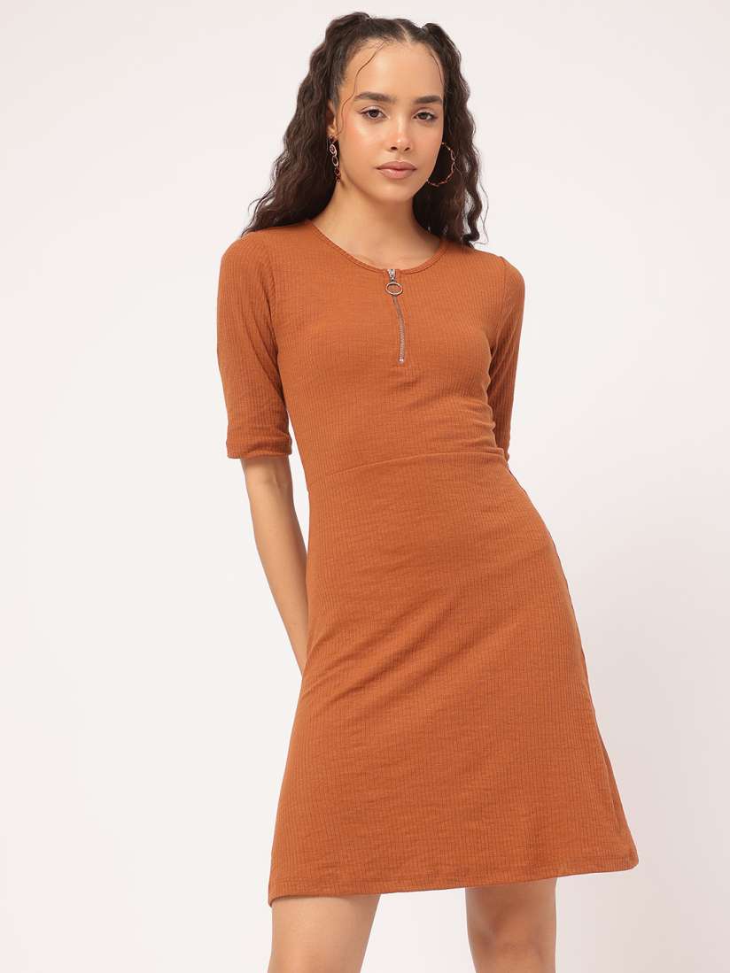 Buy DressBerry Burnt Orange Ribbed Reverie Fit Flare Mini Dress Dresses for Women 30447023 Myntra
