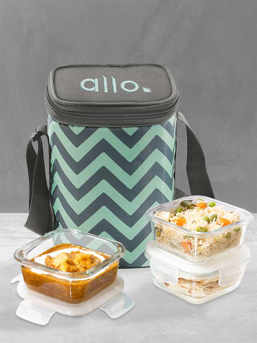 Buy Allo Green Transparent 3 Pieces Square Glass Lunch Boxes With Bag 320 ml Each Lunch Box for Unisex 30637251 Myntra