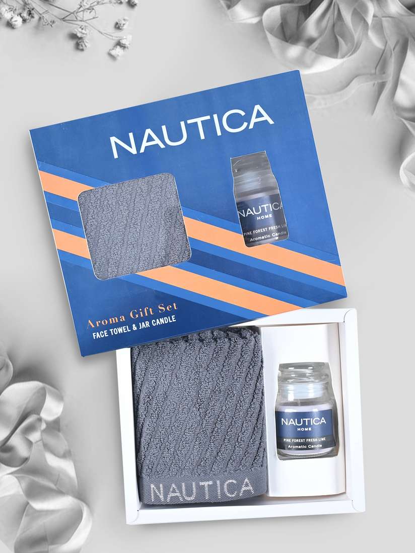Buy Nautica Grey 5 Piece Cotton 600 GSM Towel Set With jar candle 