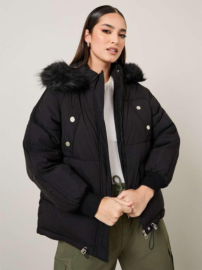 Buy Styli Women Long Line Oversized Hooded Padded Jacket With Faux Fur Detail Jackets for Women 30749964 Myntra