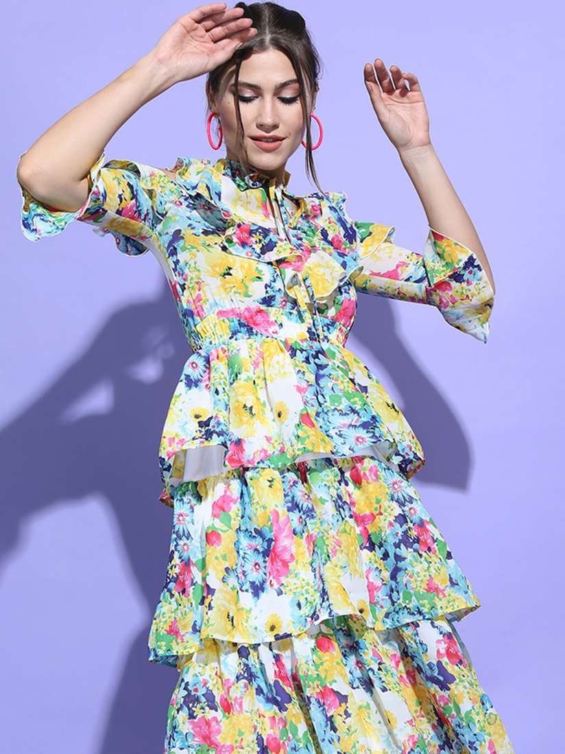 Cold shoulder floral print tiered dress best sale